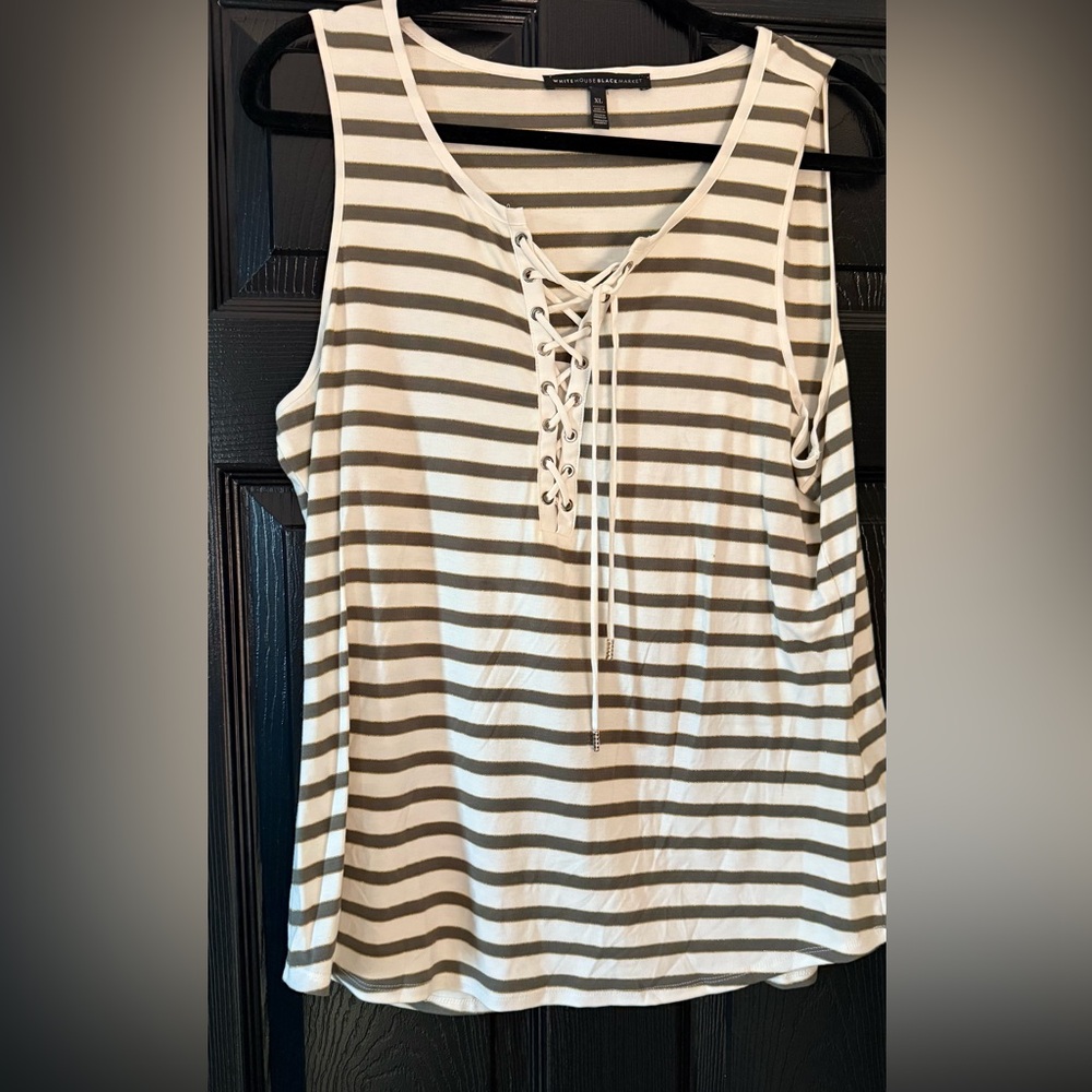 White House Black Market Striped Lace-Up Tank Top - White and Brown